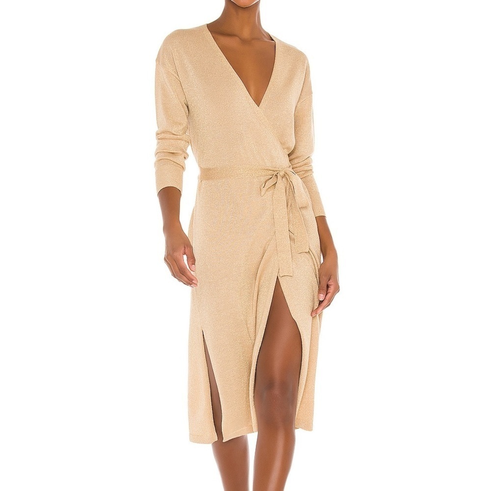 Lovers & Friends x Revolve Azita Wrap Long Sleeve Dress Gold Metallic NWT